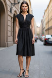 A Line Black V-Neck Cap Sleeve Work Dress