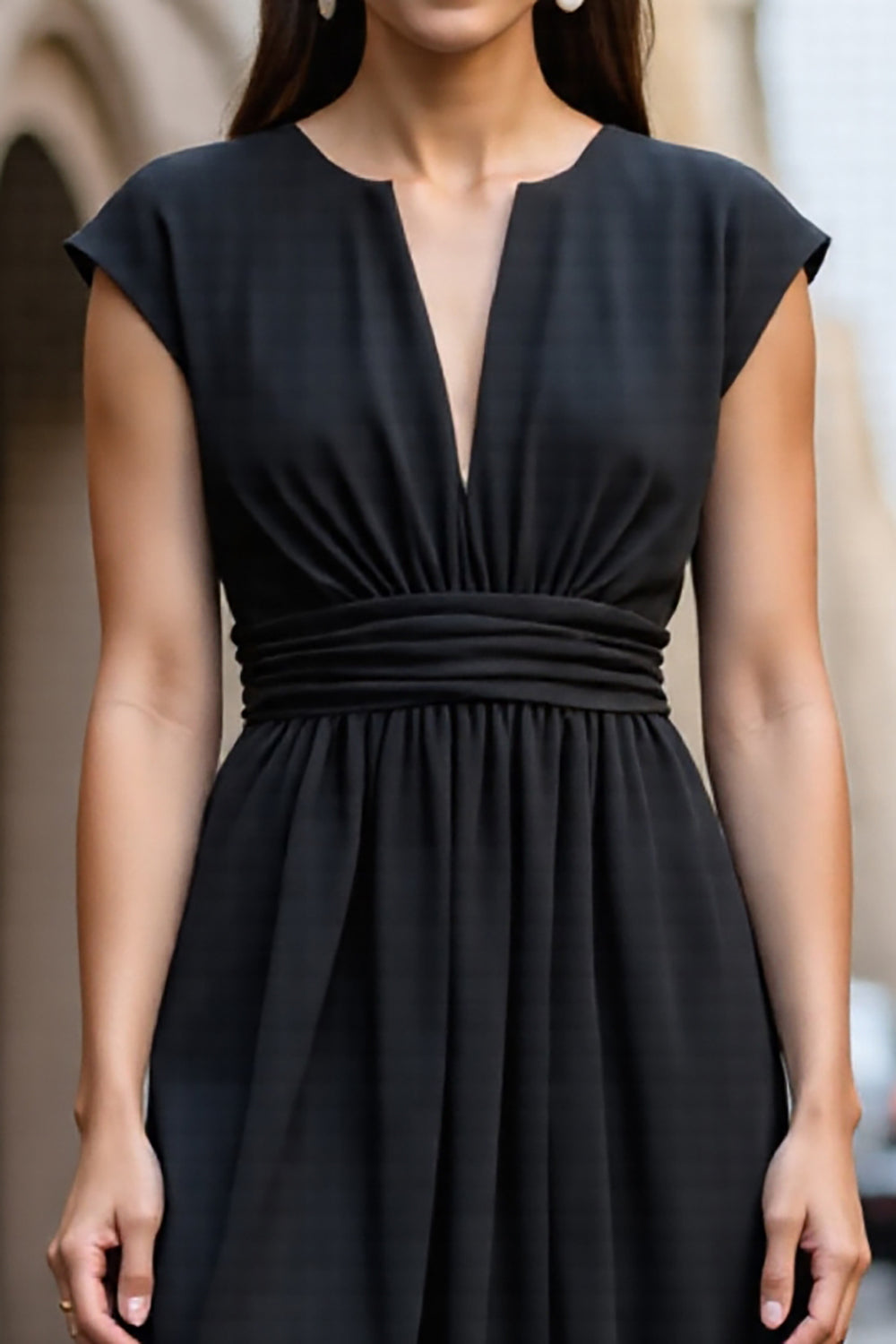 A Line Black V-Neck Cap Sleeve Work Dress