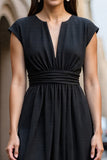 A Line Black V-Neck Cap Sleeve Work Dress