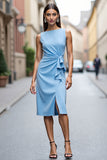 Sky Blue Ruffled Sheath Work Dress with Slit