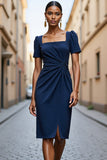 Navy Ruched Midi Work Dress with Slit
