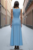 Sky Blue Ruched A Line Long Work Dress