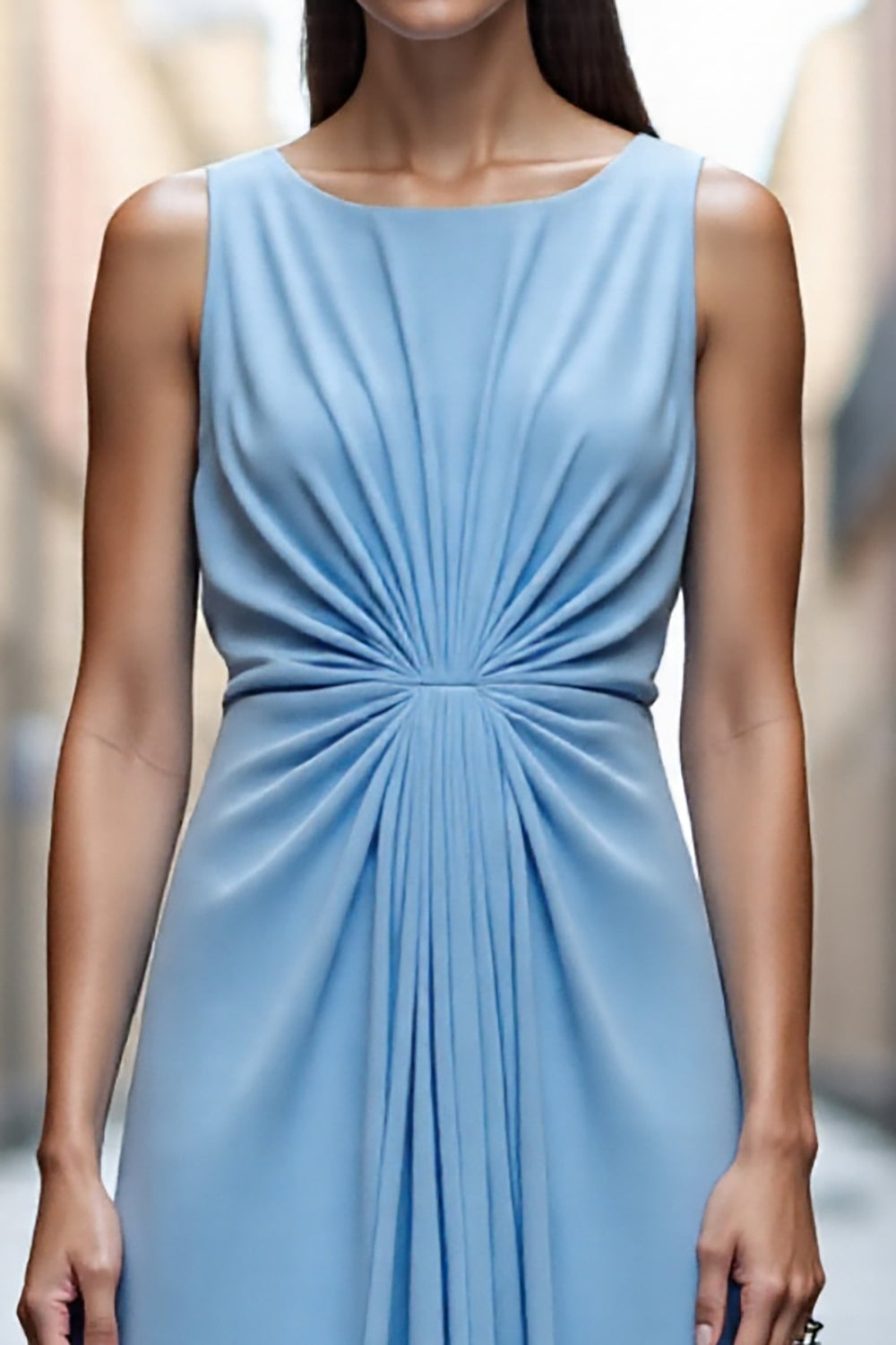 Sky Blue Ruched A Line Long Work Dress