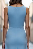 Sky Blue Ruched A Line Long Work Dress