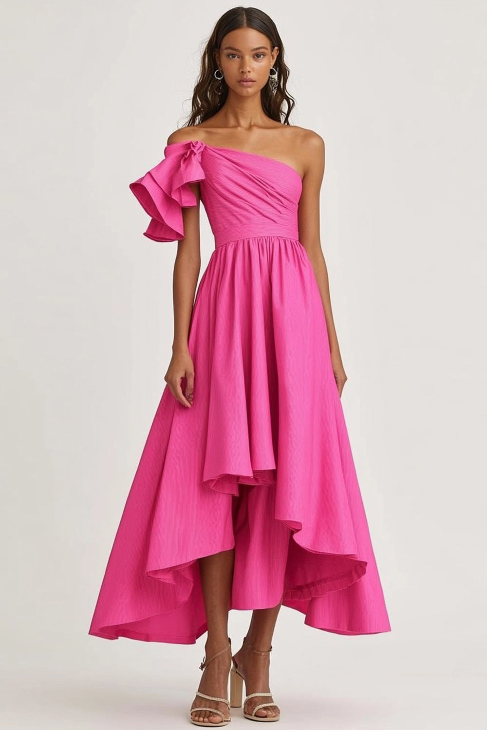 One Shoulder Ruffled Fuchsia High-Low Formal Dress