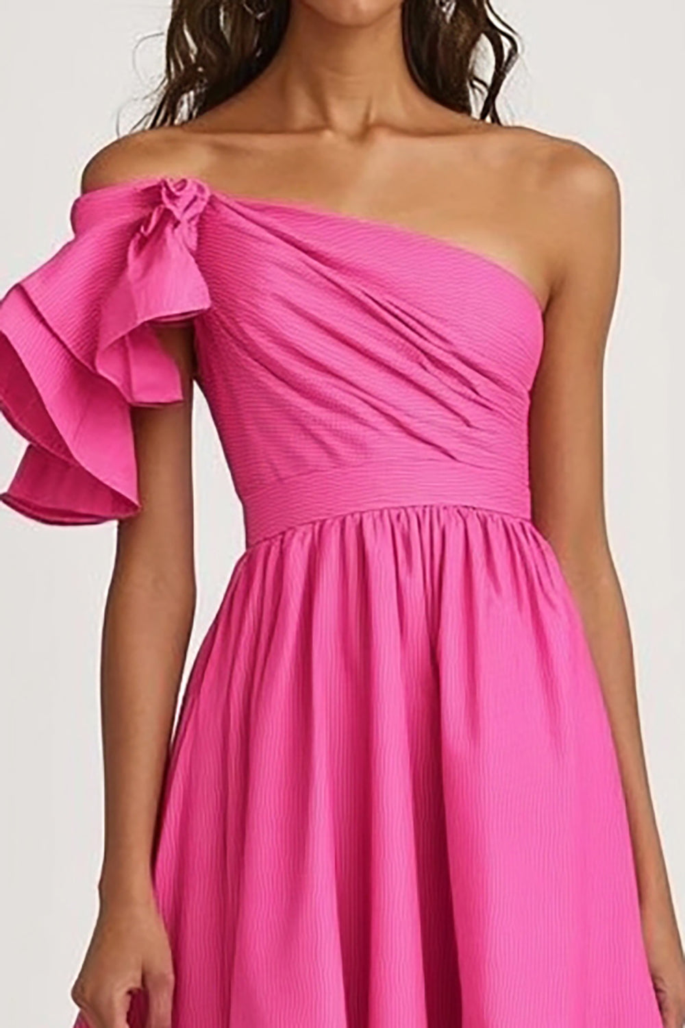 One Shoulder Ruffled Fuchsia High-Low Formal Dress