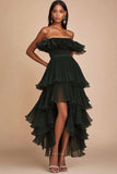 Strapless Tiered Ruffled Dark Green Formal Dress