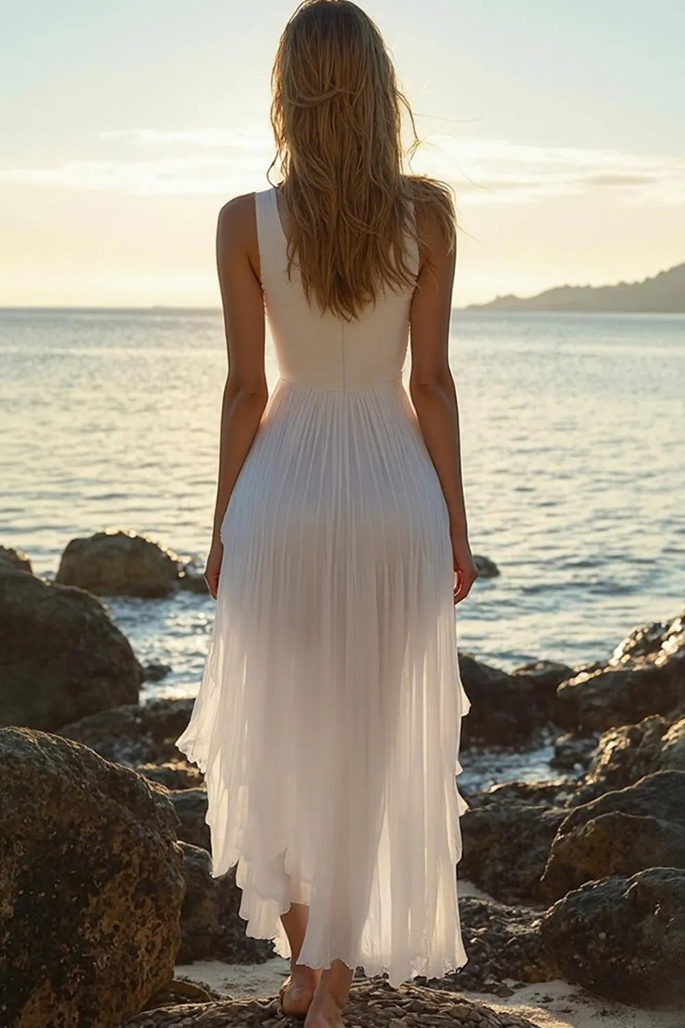 White Deep V-Neck High Low Chiffon Beach Engagement Dress