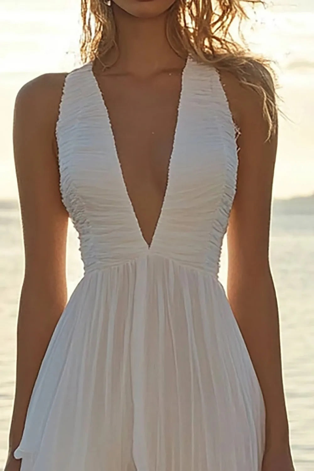 White Deep V-Neck High Low Chiffon Beach Engagement Dress