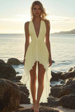 White Deep V-Neck High Low Chiffon Beach Engagement Dress