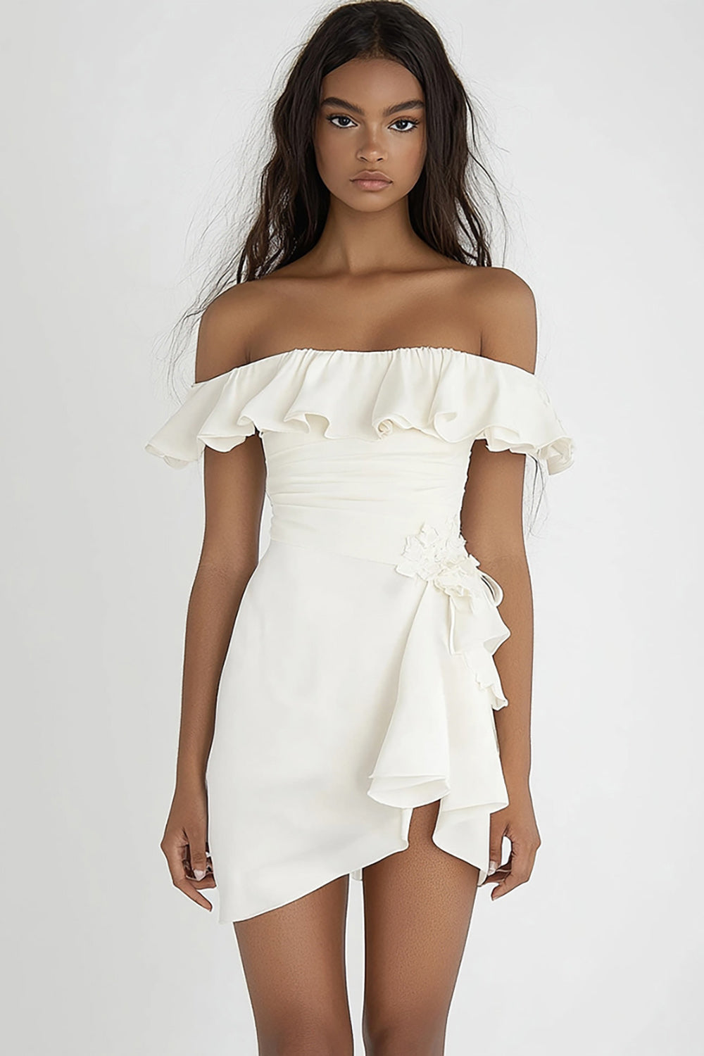 Off The Shoulder Ivory Bodycon Ruffled Graduation Dress