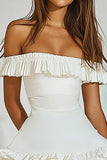 Ivory Off The Shoulder A Line Ruffled Graduation Dress