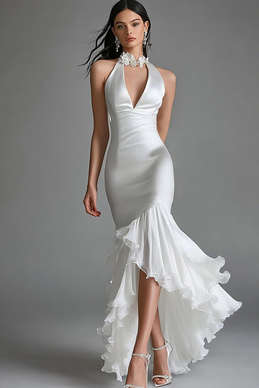 White Ruffled Mermaid Satin Halter Wedding Dress