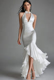 White Ruffled Mermaid Satin Halter Wedding Dress