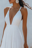 White Pleated V Neck Long Holiday Party Dress