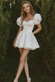 Cute White A Line Mini Dress with Puff Sleeves