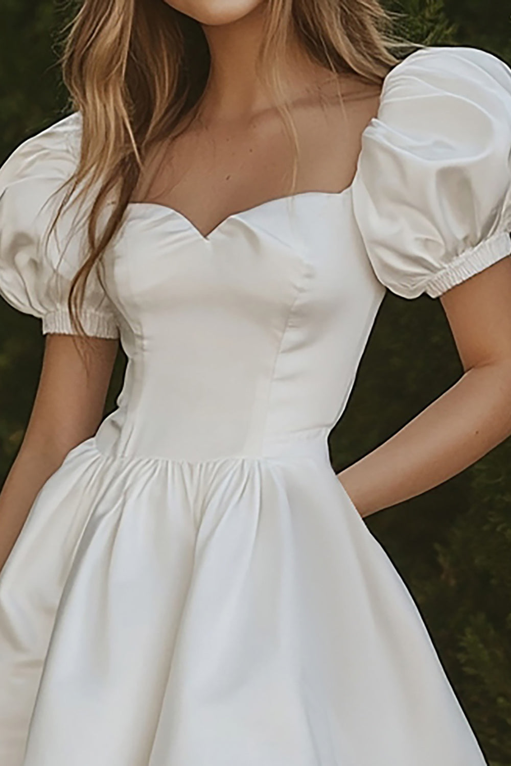 Cute White A Line Mini Dress with Puff Sleeves