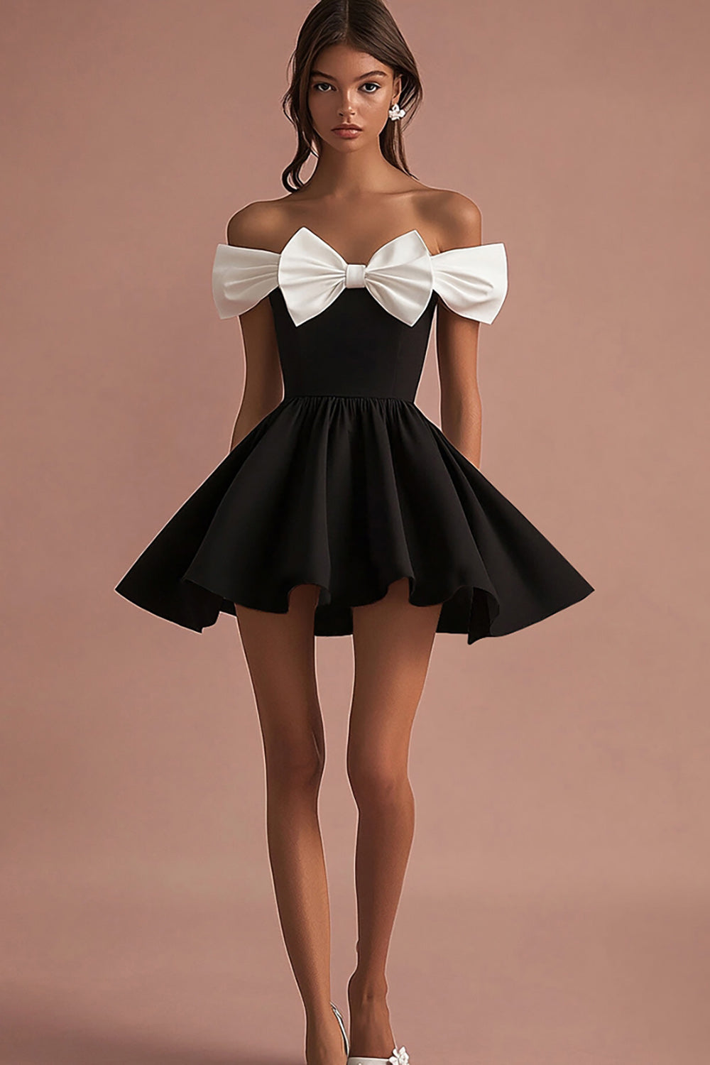 Off the Shoulder A Line Bow Little Black Dress