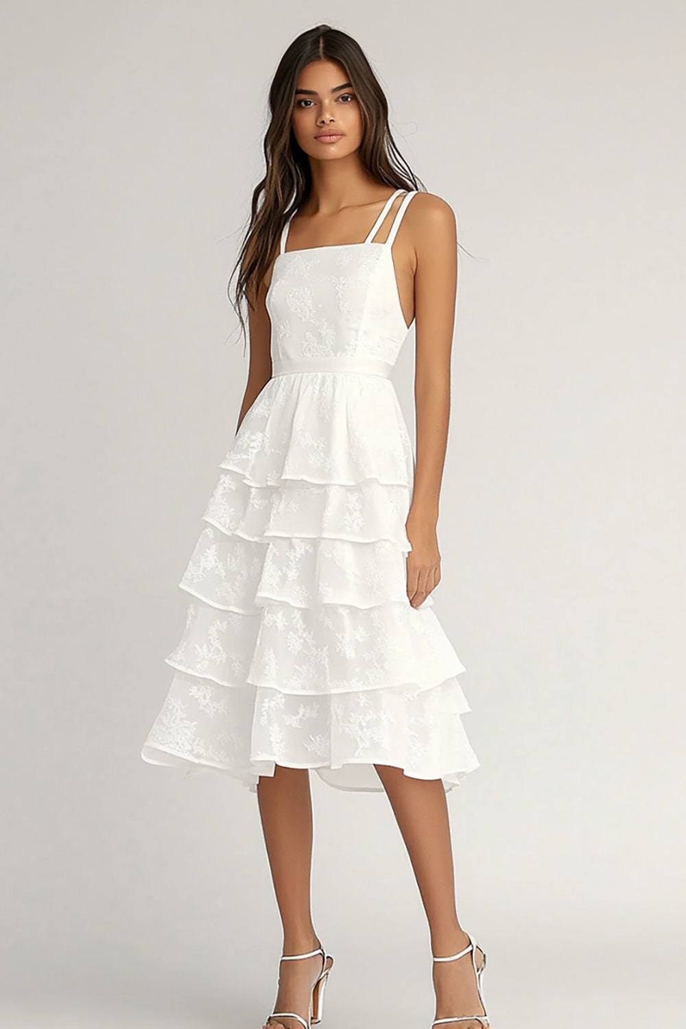 Tiered Ivory Lace A Line Midi Graduation Dress With Ruffles