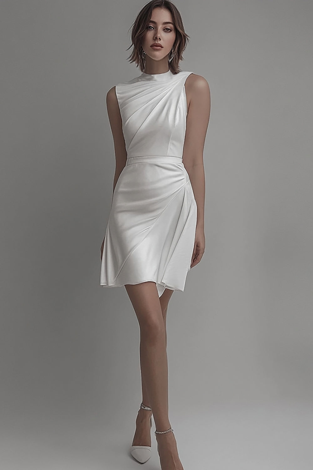 White Sheath High Neck Short Graduation Dress