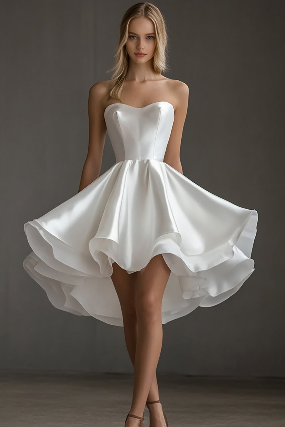 Ruffled Strapless A Line White Satin Graduation Dress