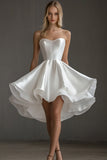 Ruffled Strapless A Line White Satin Graduation Dress
