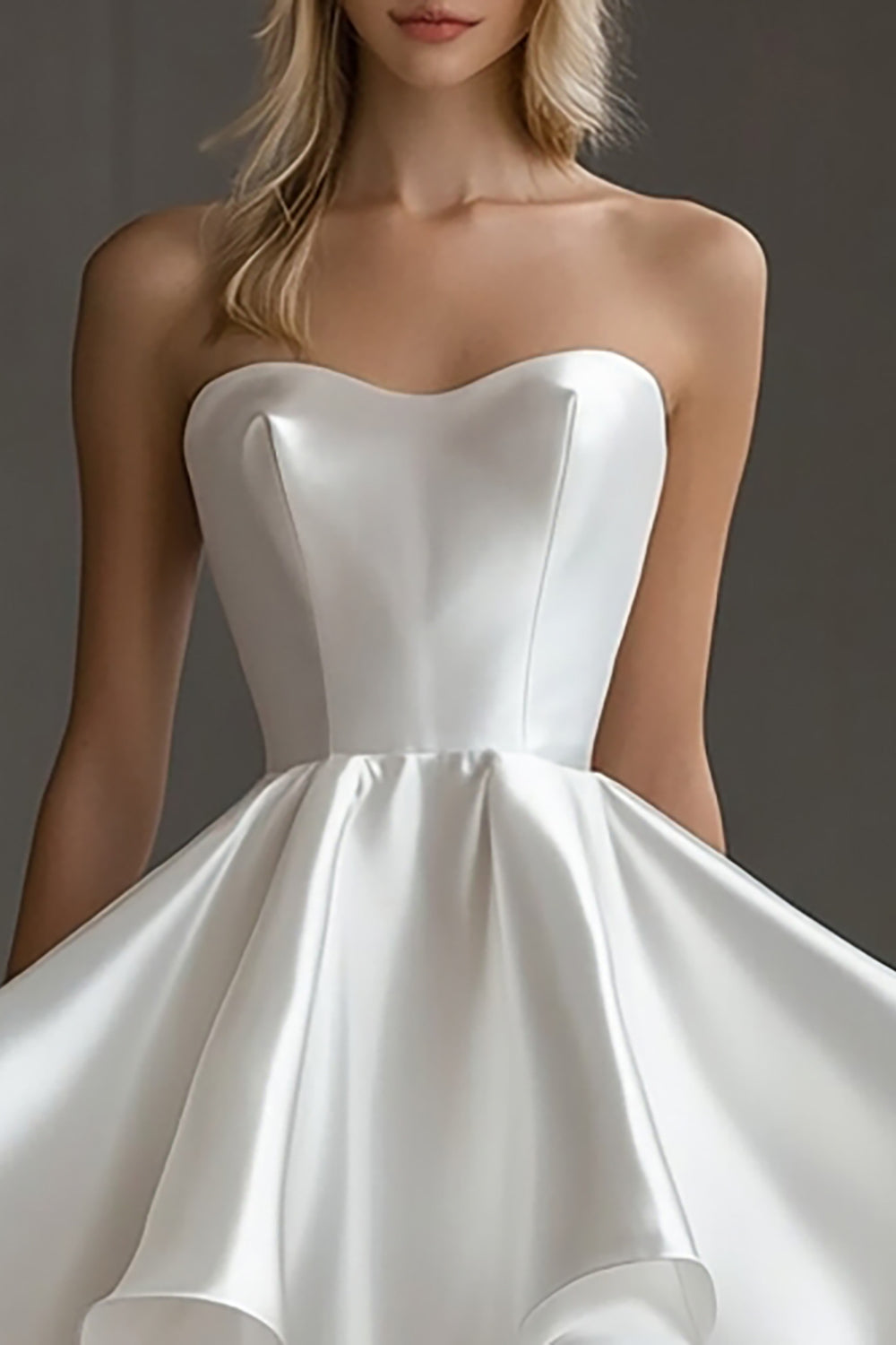Ruffled Strapless A Line White Satin Graduation Dress