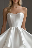 Ruffled Strapless A Line White Satin Graduation Dress
