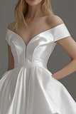 White A Line Satin Off The Shoulder Short Graduation Dress