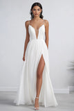 White A Line Chiffon Applique Engagement Dress with Slit