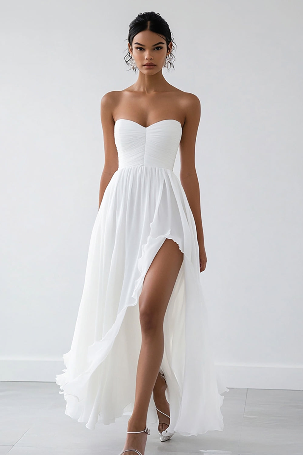 Strapless White Chiffon Engagement Dress with Slit