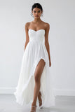 Strapless White Chiffon Engagement Dress with Slit