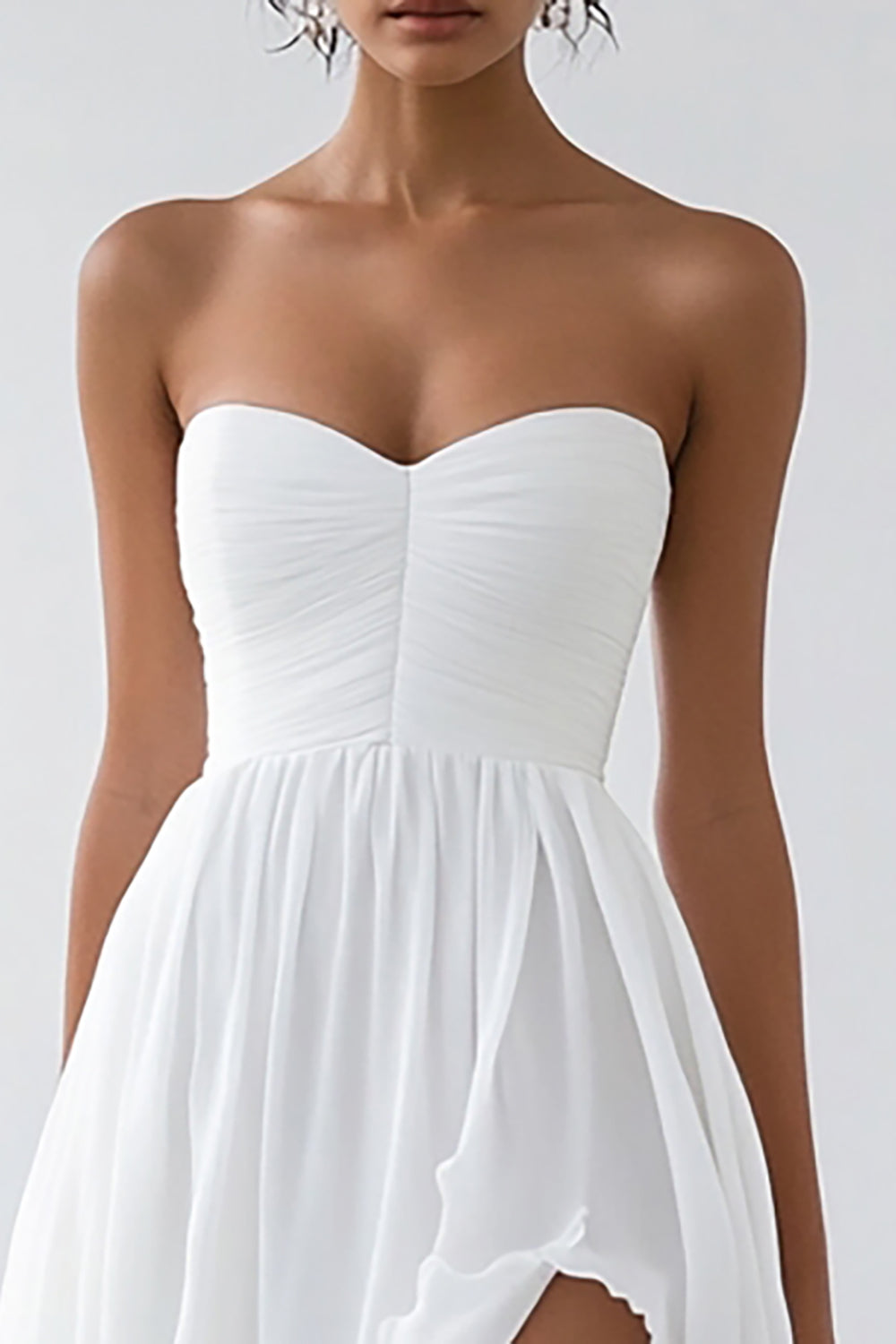 Strapless White Chiffon Engagement Dress with Slit