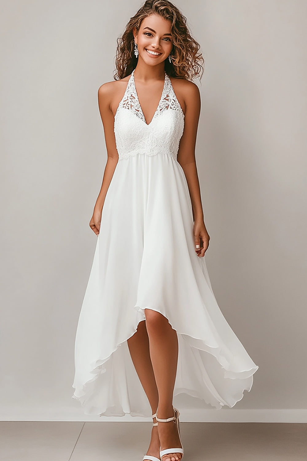 Halter White High Low Graduation Dress with Lace