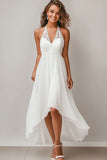 Halter White High Low Graduation Dress with Lace