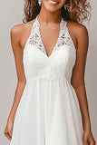 Halter White High Low Graduation Dress with Lace