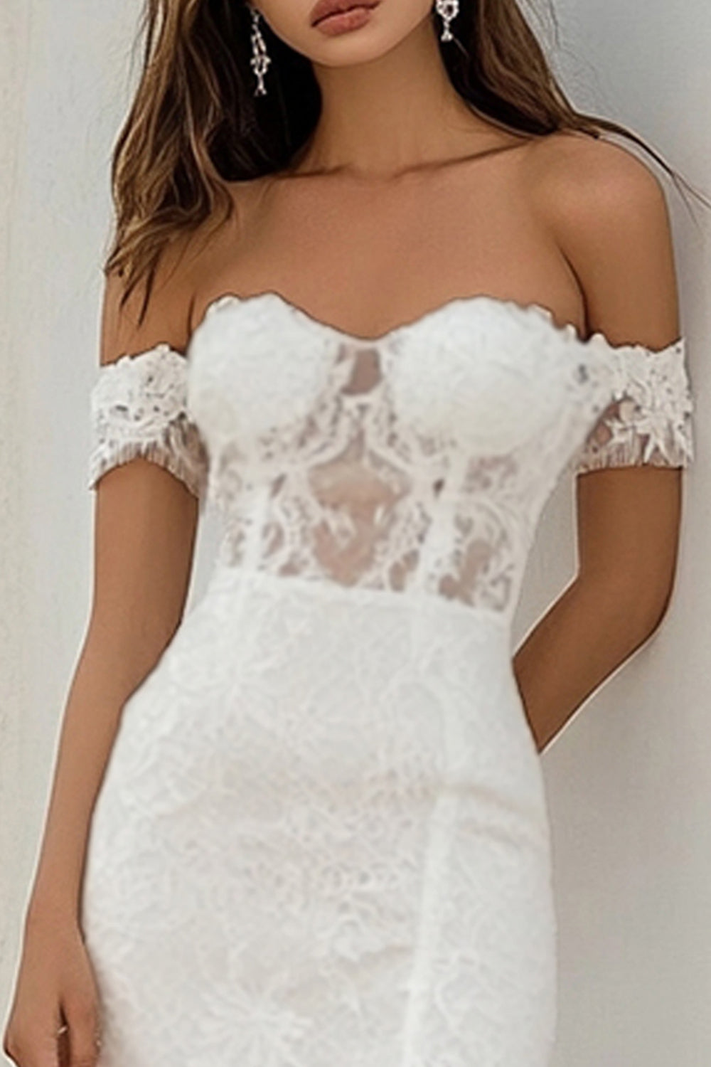 Off The Shoulder Lace White Engagement Dress with Slit