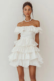 White Tiered Ruffled Off the Shoulder Graduation Dress