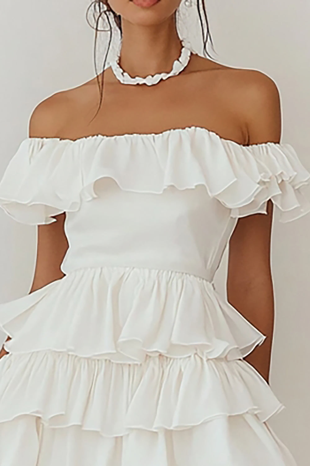 White Tiered Ruffled Off the Shoulder Graduation Dress