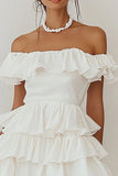 White Tiered Ruffled Off the Shoulder Graduation Dress