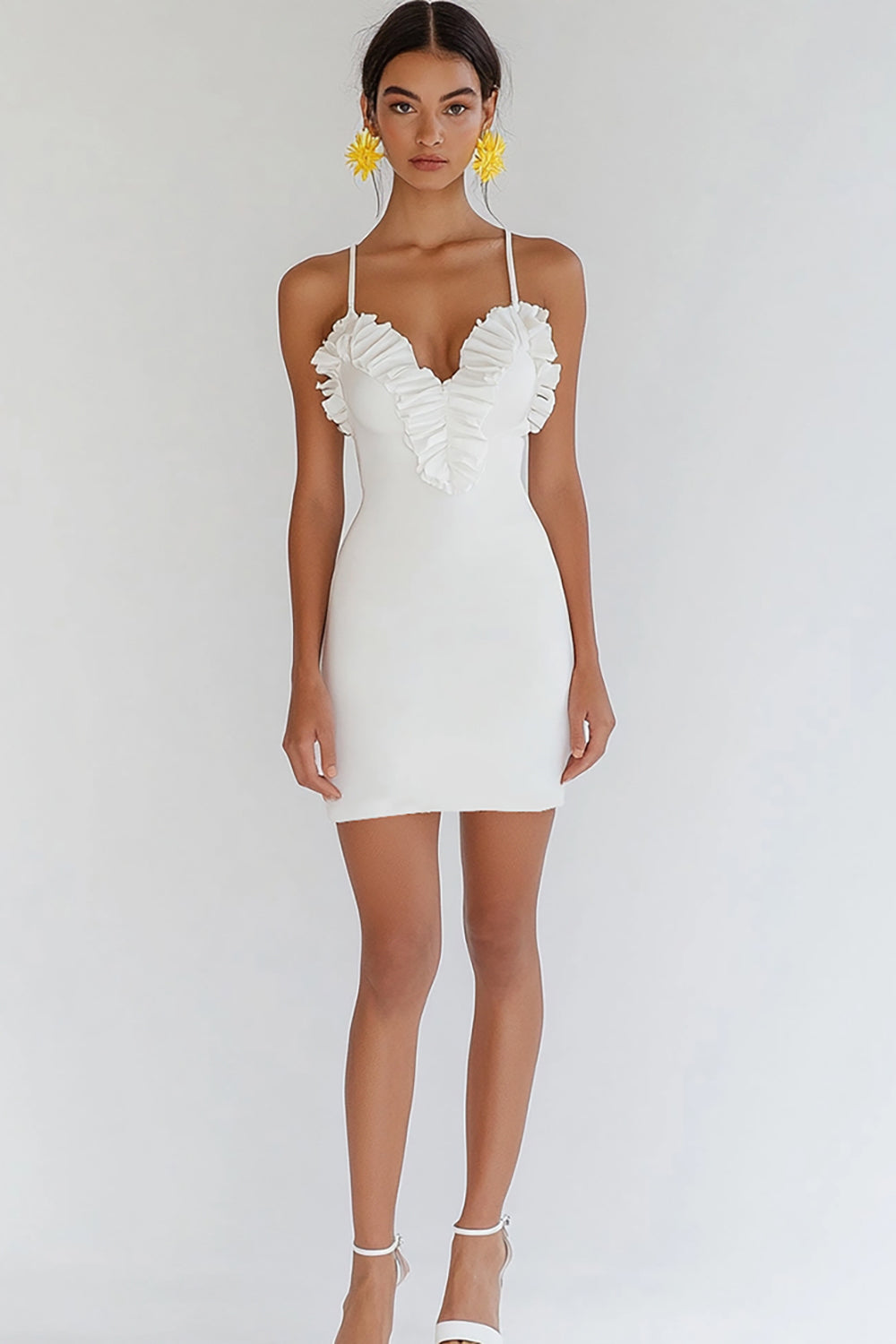 Ruffled Bodycon Spaghetti Straps Little White Dress