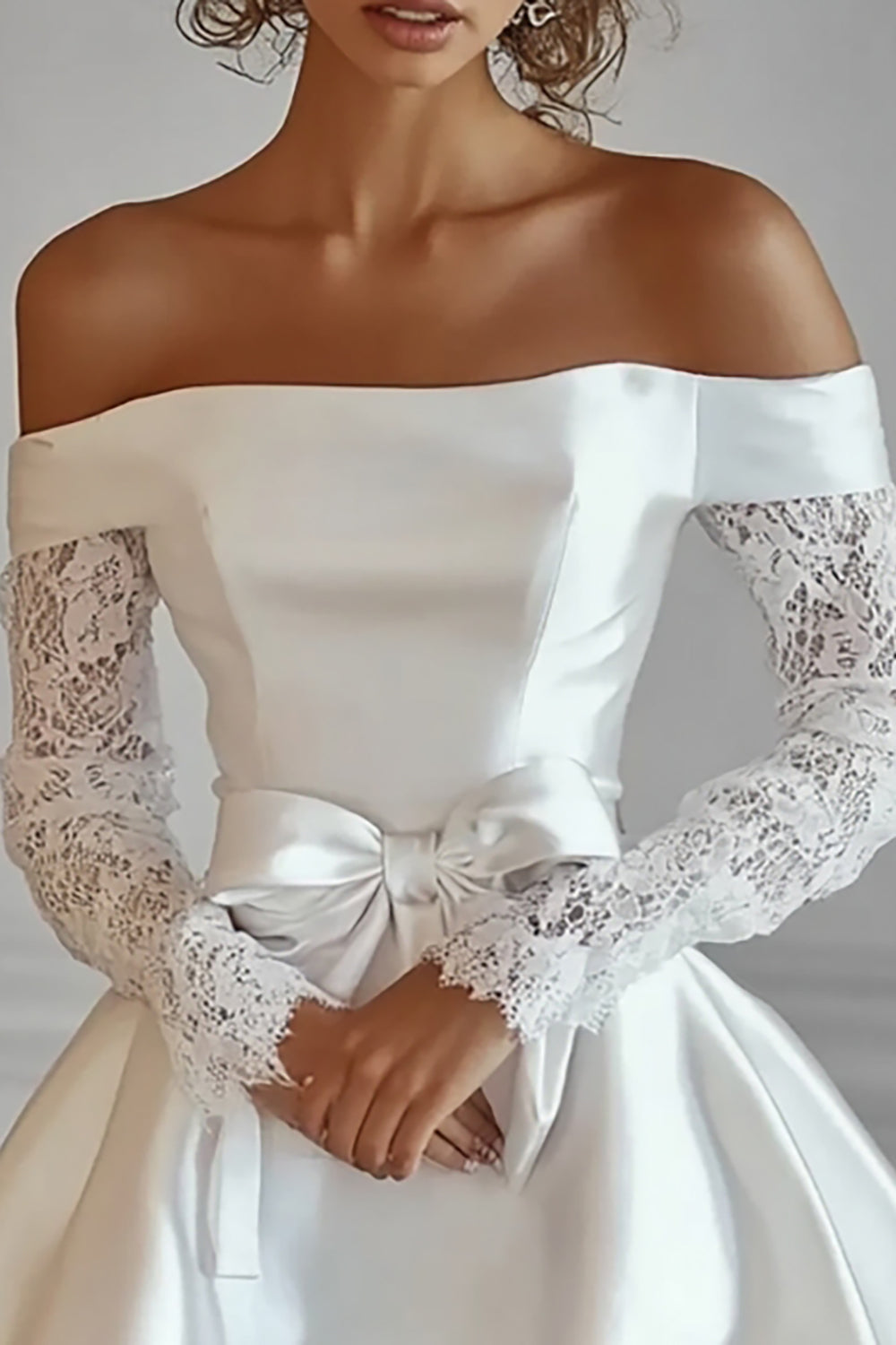 White Off The Shoulder Satin Graduation Dress with Lace