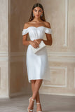 White Off the Shoulder Satin Sheath Graduation Dress