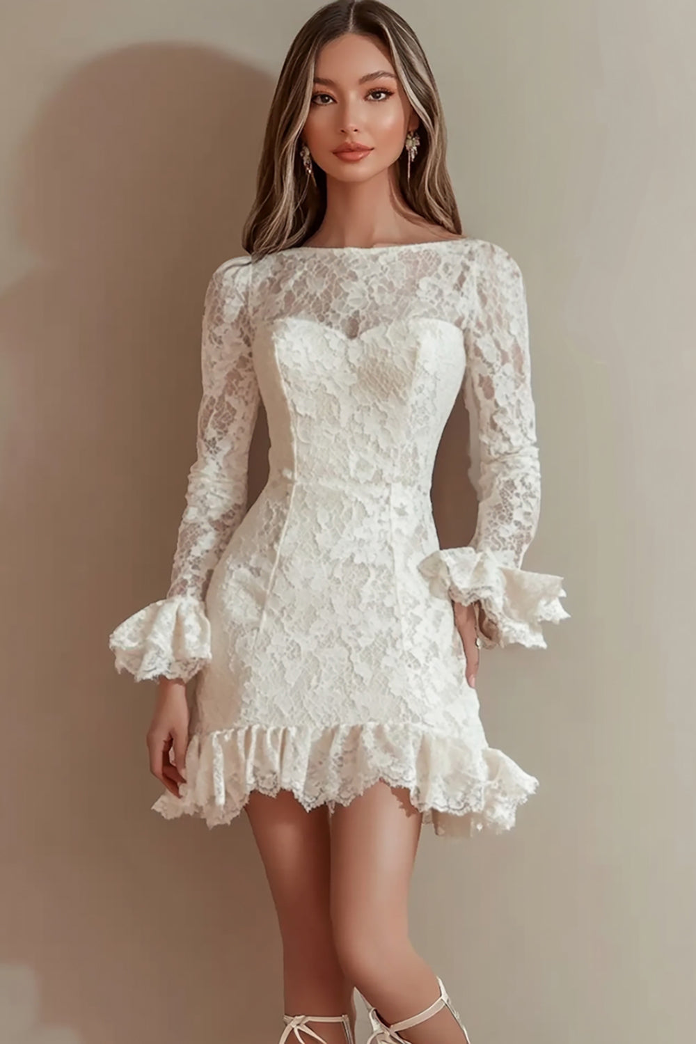 Ivory Lace Ruffle Graduation Dress with Long Sleeves