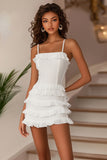 White Ruffled Spaghetti Straps Graduation Dress