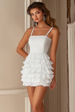 White Tiered Short Graduation Dress With Ruffles