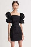 Black Bodycon Graduation Dress with Puff Sleeves