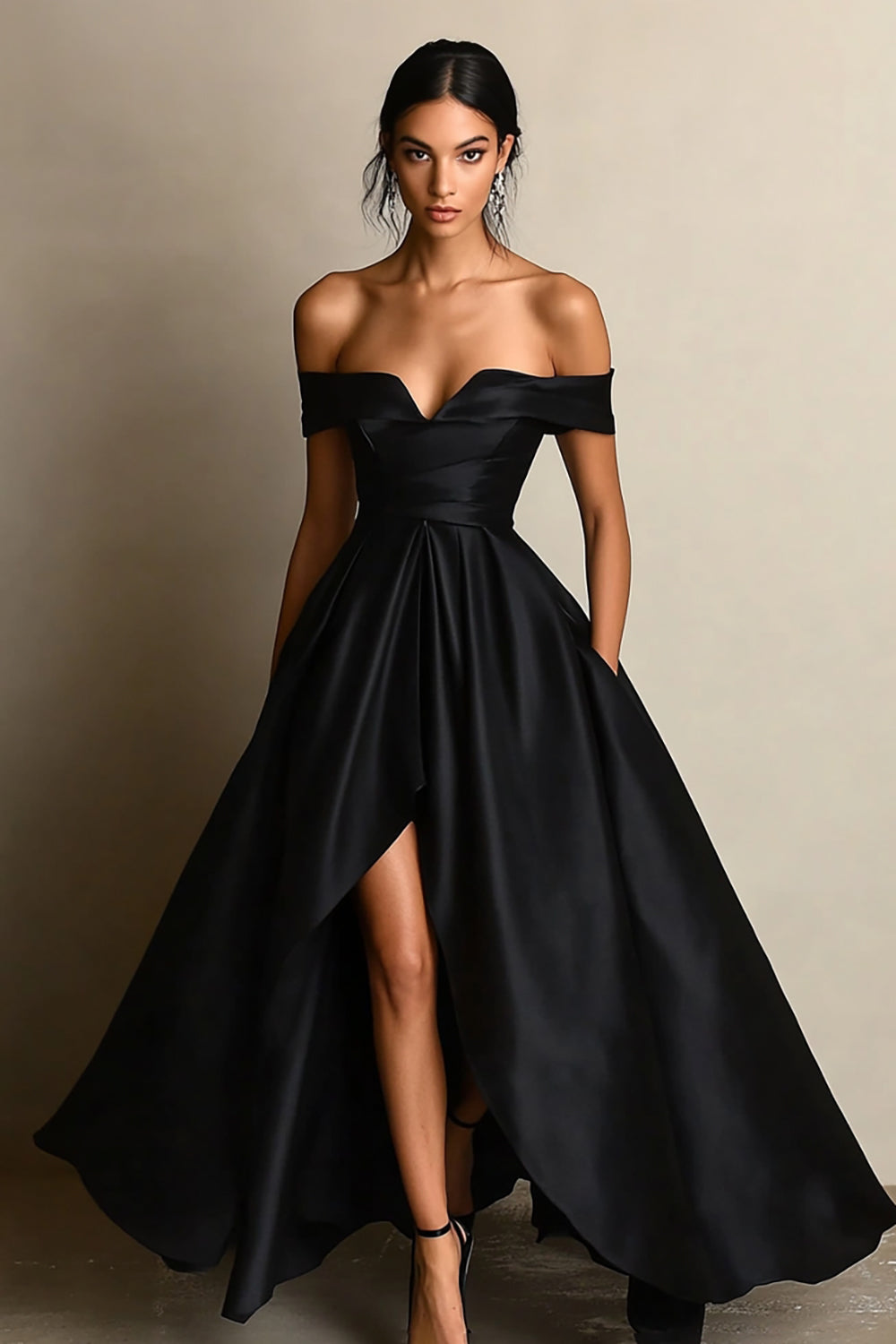 Off The Shoulder High Low A Line Black Tie Dress