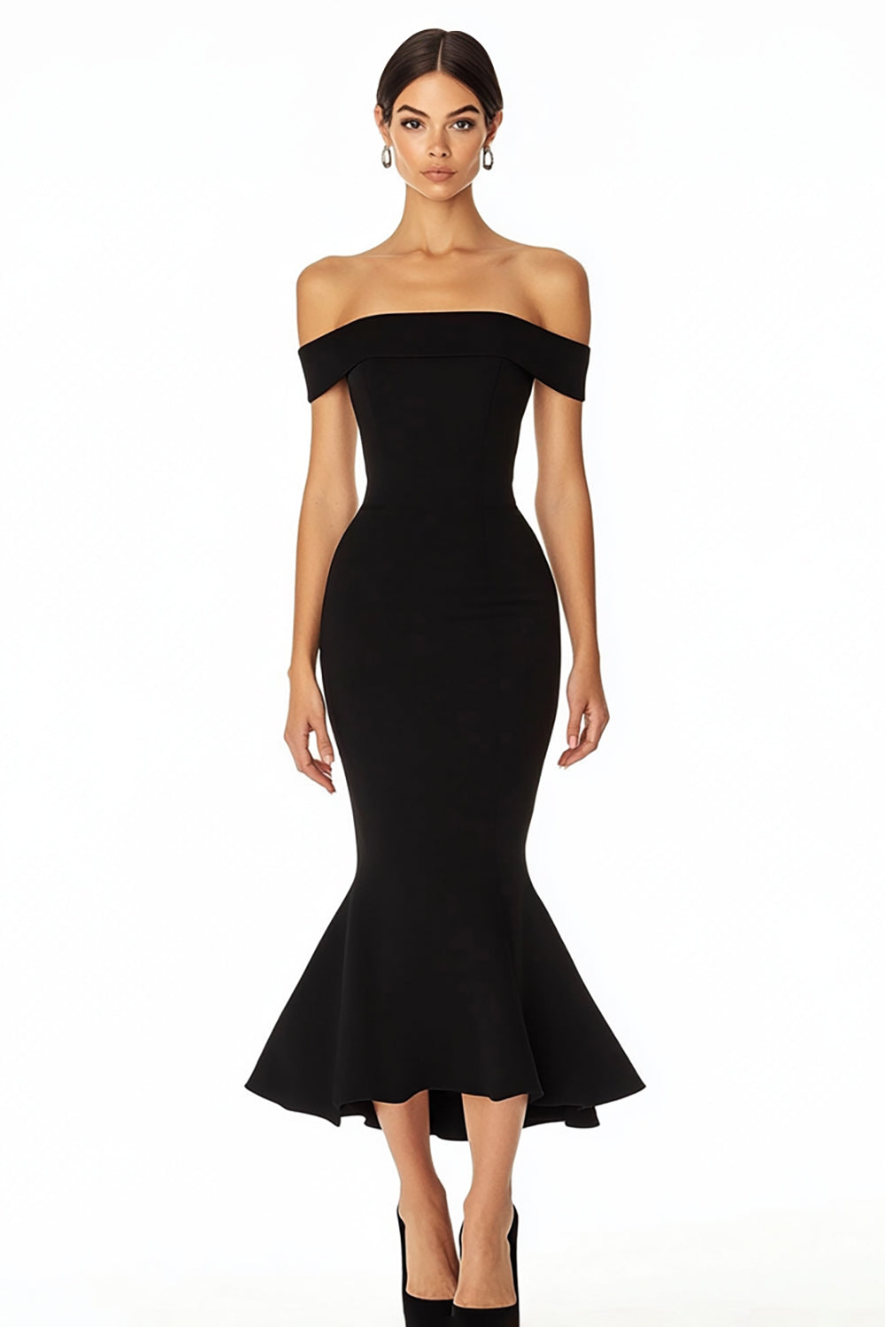 Off The Shoulder Mermaid Midi Black Tie Dress