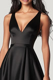 Satin A Line V-Neck Asymmetrical Black Tie Dress